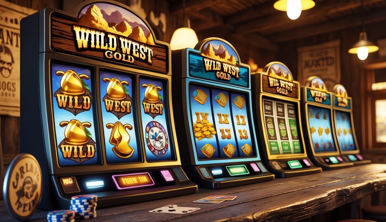 Beberapa mesin slot bertema Wild West dengan grafik warna-warni dan latar belakang saloon kayu.