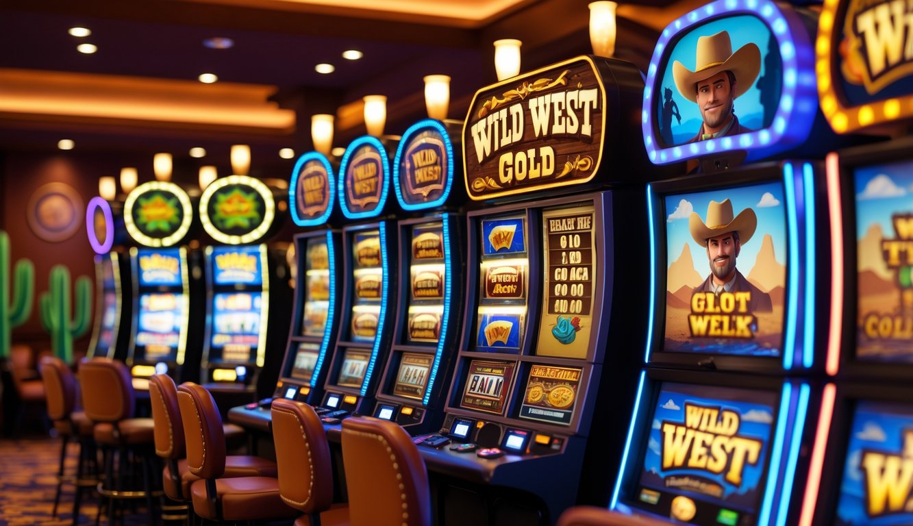 Area kasino dengan beberapa mesin slot bertema Wild West, menampilkan mesin slot Wild West Gold dan mesin slot lain dengan dekorasi koboi dan gurun.