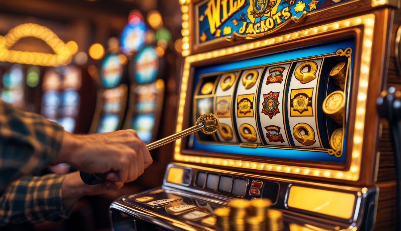 Tangan menarik tuas mesin slot dengan simbol bertema Wild West dan koin emas bersinar di latar belakang kasino.