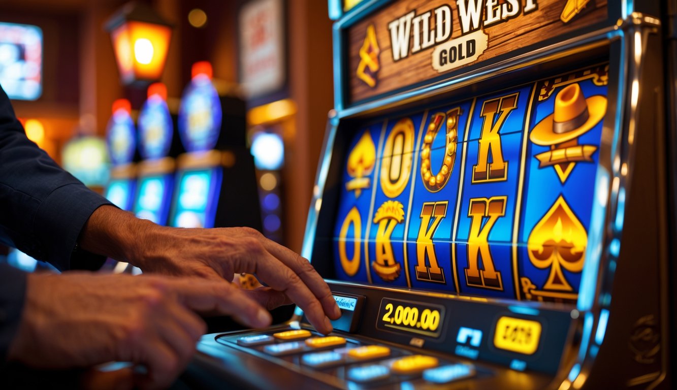 Tangan seorang pemain sedang menggunakan mesin slot bertema Wild West dengan simbol emas dan topi koboi di latar kasino.