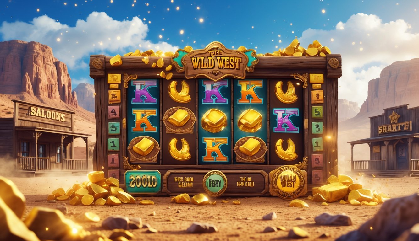 Layar permainan slot online bertema Wild West dengan simbol emas dan latar gurun berpegunungan.
