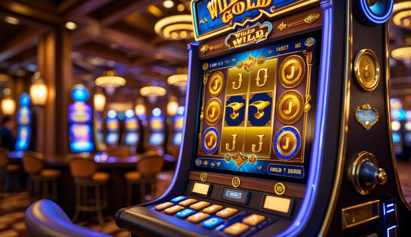 Mesin slot bertema Wild West dengan simbol emas dan topi koboi di dalam kasino yang hangat dan bergaya barat.