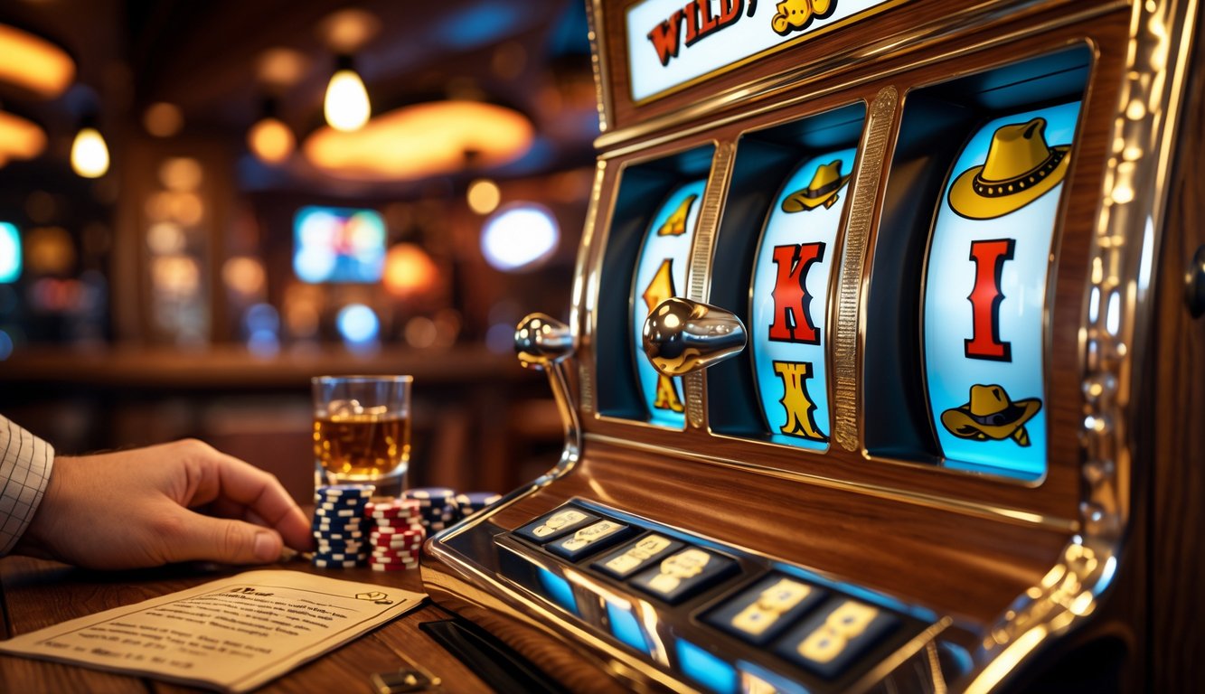 Mesin slot bergaya Wild West dengan simbol emas dan koboi di latar saloon kayu, dengan tumpukan chip poker dan gelas whiskey di dekatnya.