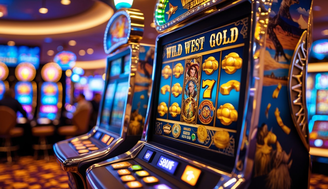 Mesin slot bertema Wild West Gold dengan simbol koboi dan emas di kasino yang ramai.