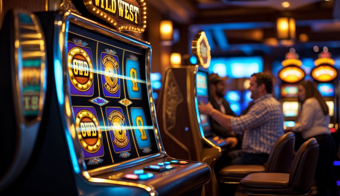 Mesin slot Wild West Gold dengan simbol koboi dan emas di kasino yang ramai dengan pemain yang sedang bermain.