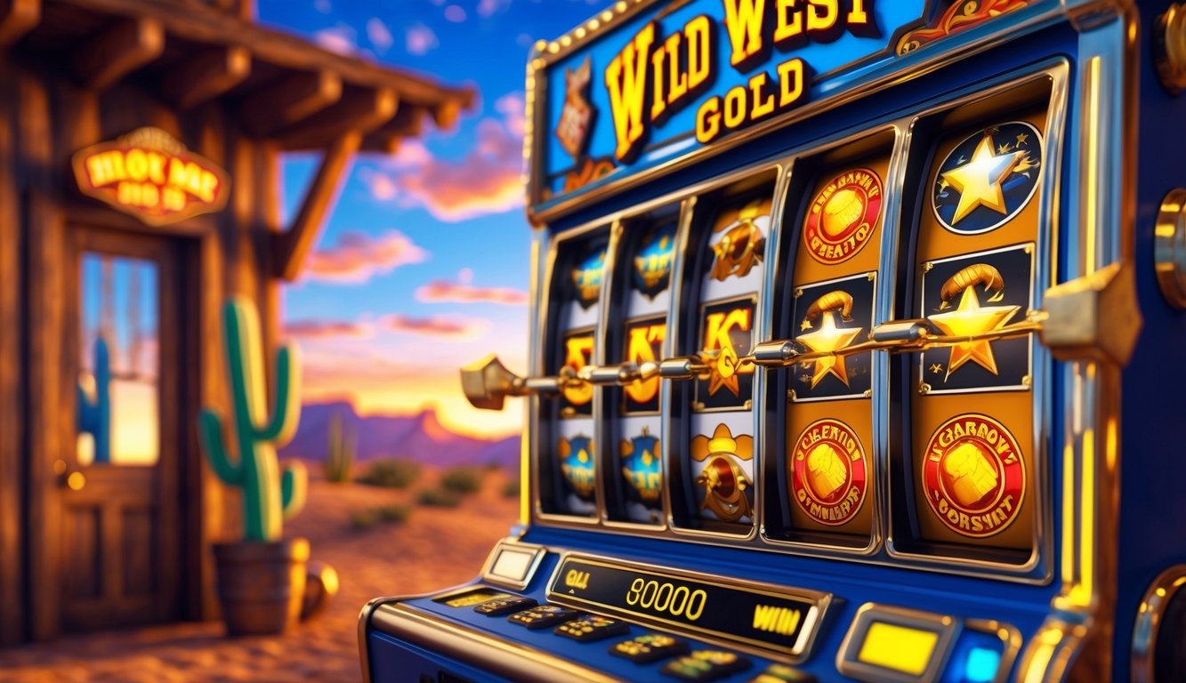 Mesin slot bertema Wild West dengan latar belakang gurun dan elemen koboi.
