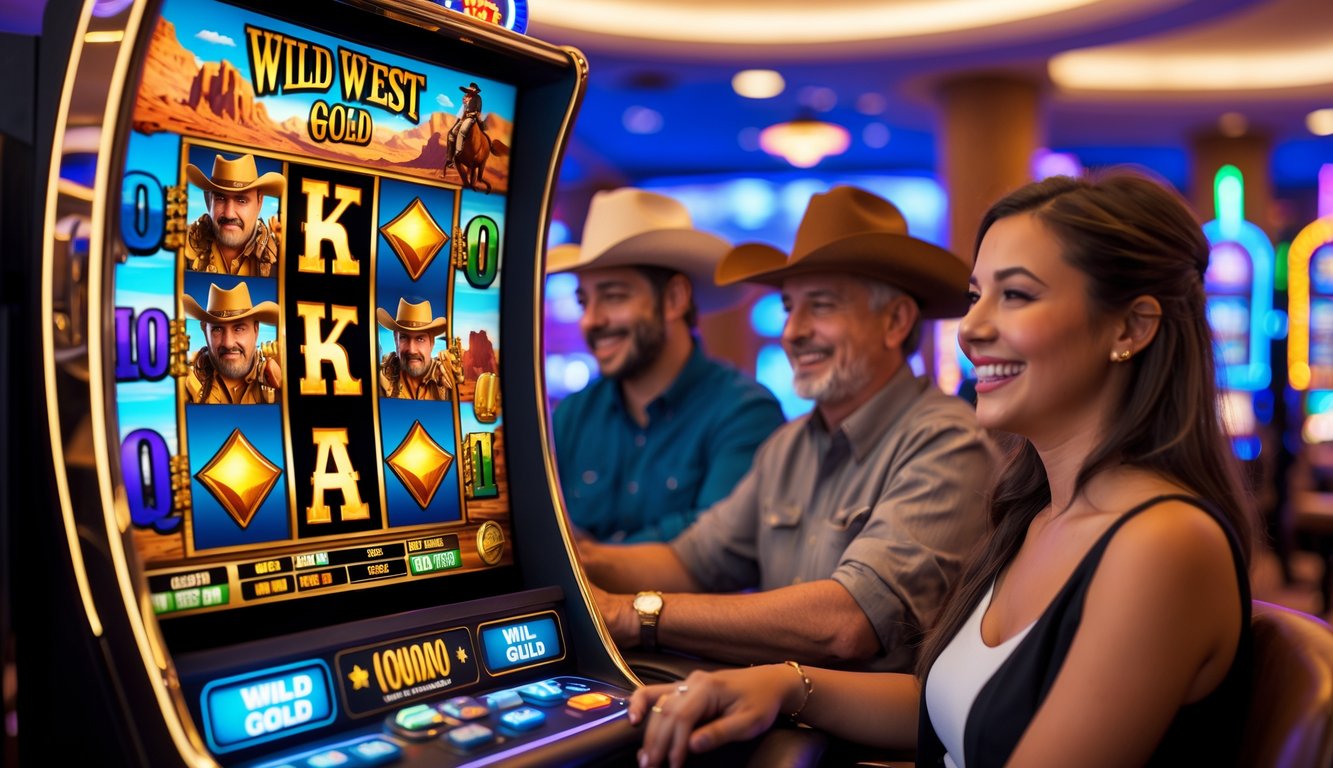 Orang-orang bermain mesin slot bertema Wild West dengan simbol emas dan koboi di kasino yang terang dan ramai.