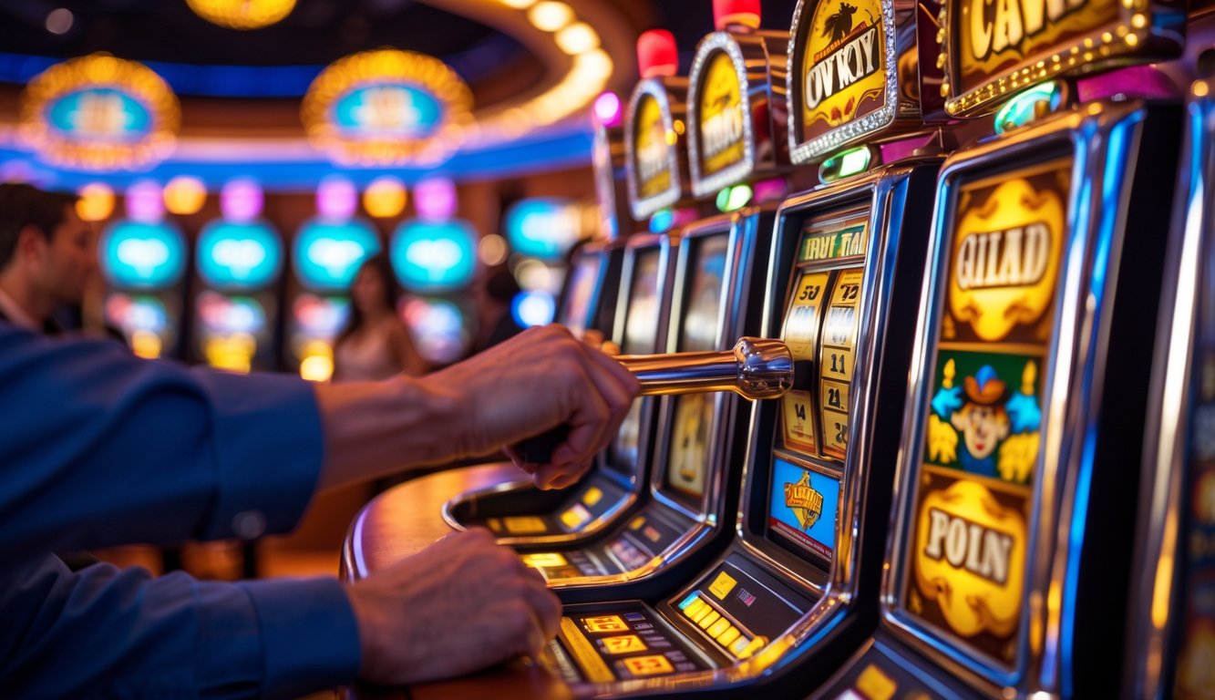 Tangan seorang pemain sedang menarik tuas mesin slot dengan tema Wild West di dalam kasino yang ramai dan berwarna-warni.