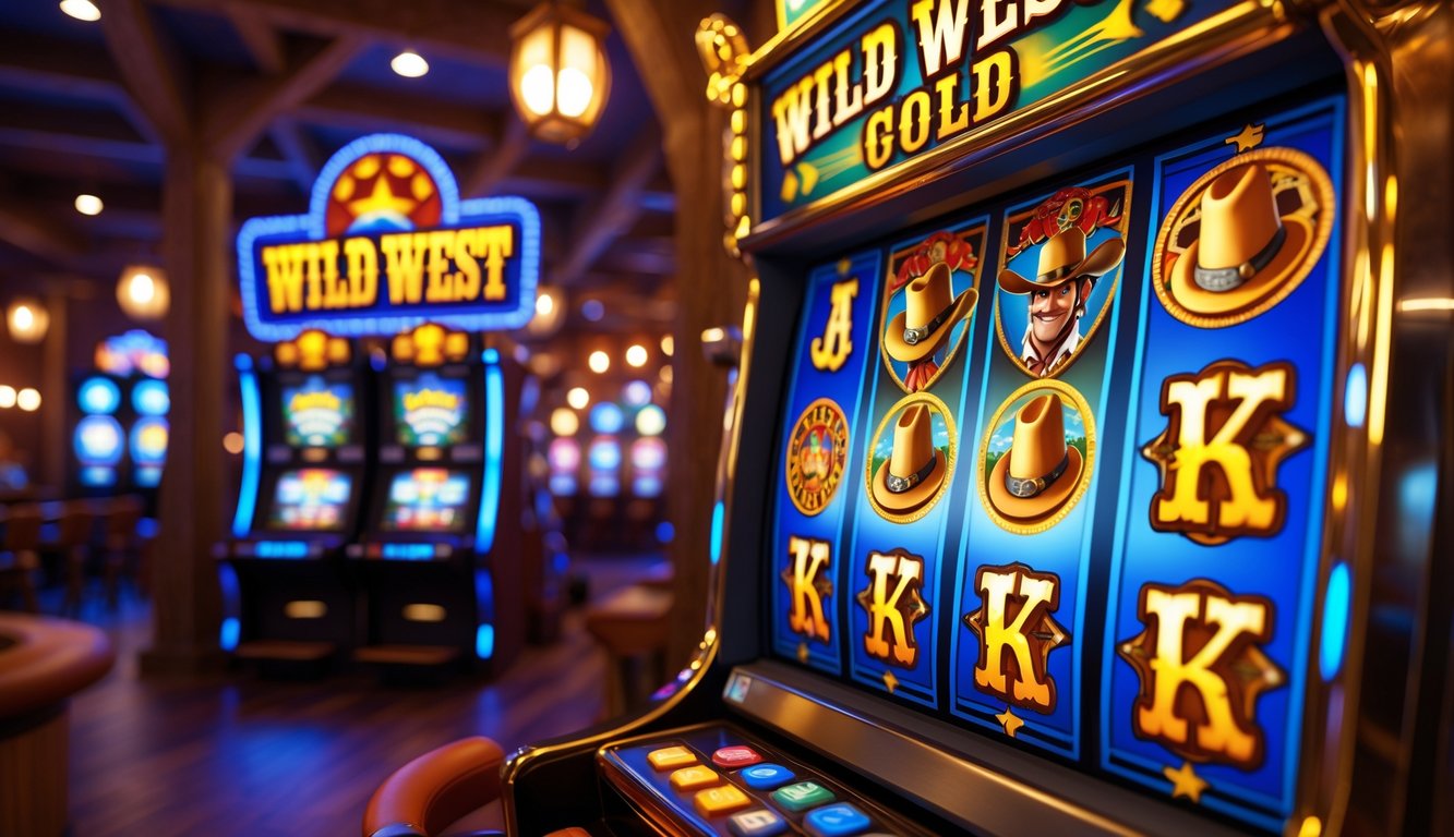 Mesin slot bertema Wild West Gold dengan simbol koboi dan emas di latar belakang suasana saloon ala Wild West.