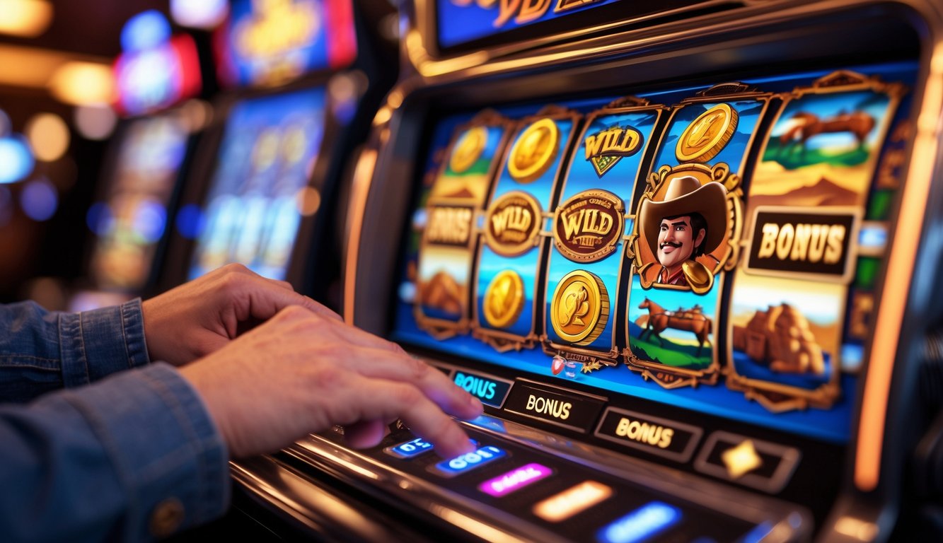 Tangan seseorang sedang menggunakan mesin slot bertema Wild West dengan simbol emas dan topi koboi di latar belakang kasino.