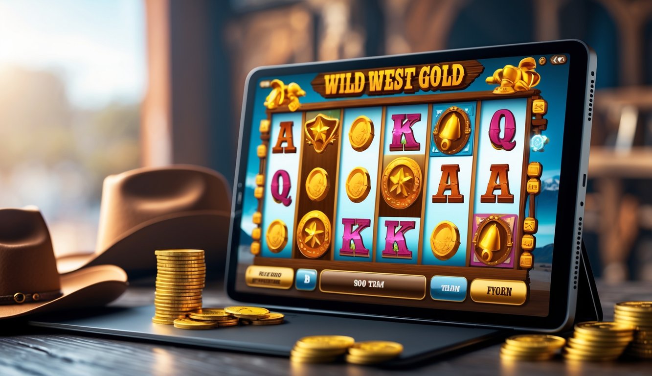 Layar komputer menampilkan permainan slot bertema Wild West dengan simbol koboi dan emas di atas meja kayu.