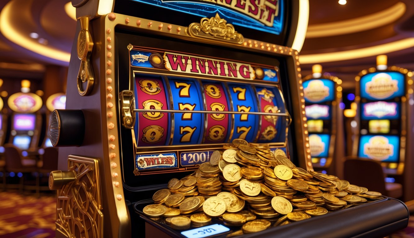 Mesin slot bertema Wild West dengan lampu jackpot menyala dan koin emas keluar di dalam kasino dengan latar belakang kayu dan pencahayaan hangat.