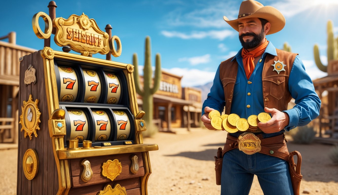Seorang koboi berdiri di samping mesin slot bertema Wild West dengan latar belakang kota gurun dan tanaman kaktus.