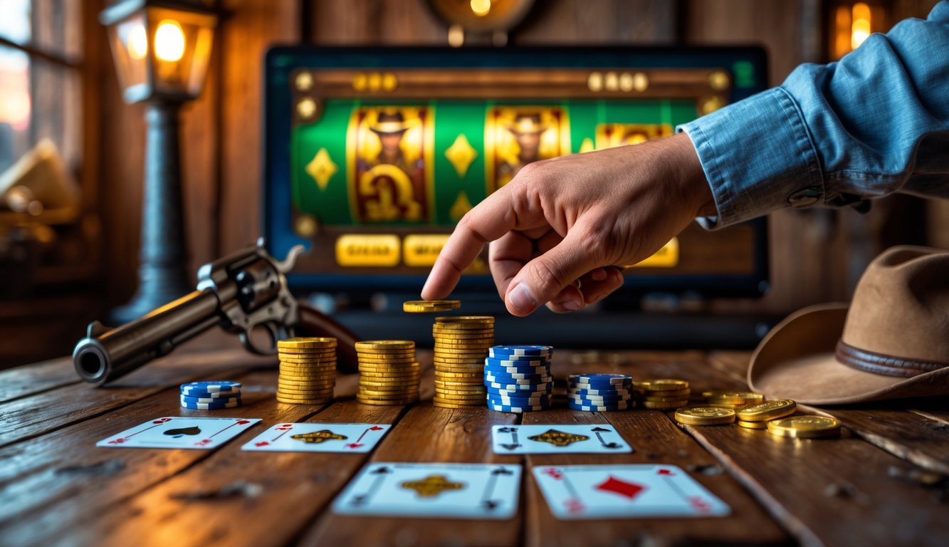Meja kayu dengan chip poker, koin emas, kartu remi, topi koboi, dan revolver di sebuah bar bergaya Barat Lama.