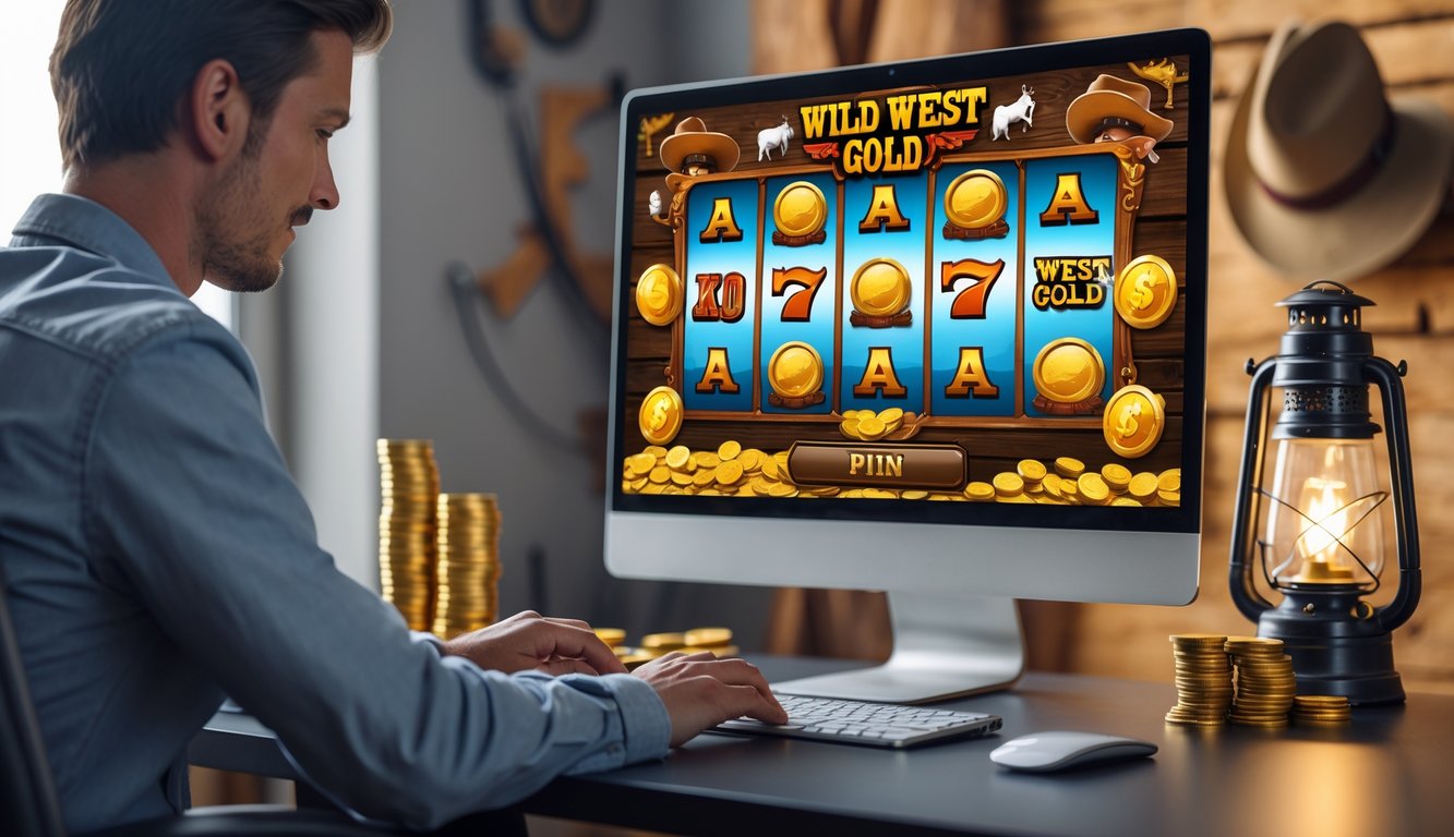 Seseorang sedang bermain permainan slot bertema Wild West di depan komputer di sebuah meja dengan dekorasi kayu dan koin emas.
