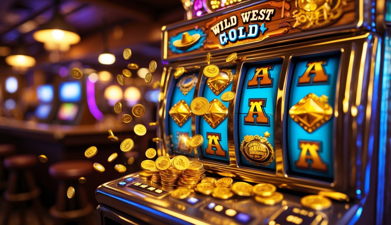 Mesin slot bertema Wild West Gold dengan koin emas dan permata berkilauan di dalam saloon bergaya barat lama.