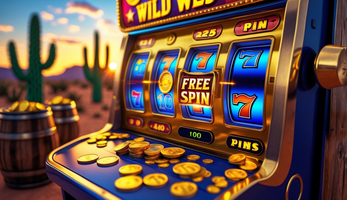 Mesin slot bertema Wild West dengan koin emas dan latar belakang gurun saat matahari terbenam.