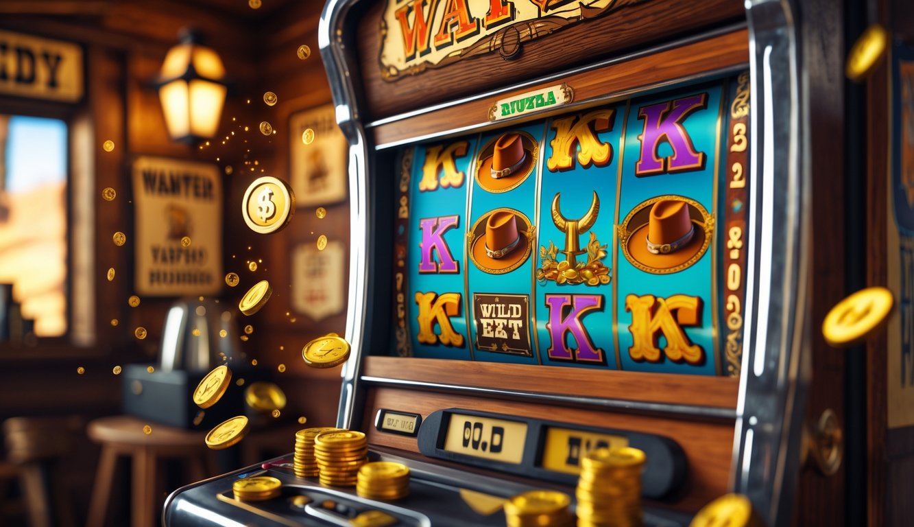 Mesin slot bergaya Wild West dengan simbol koboi dan emas di dalam saloon bergaya barat lama.
