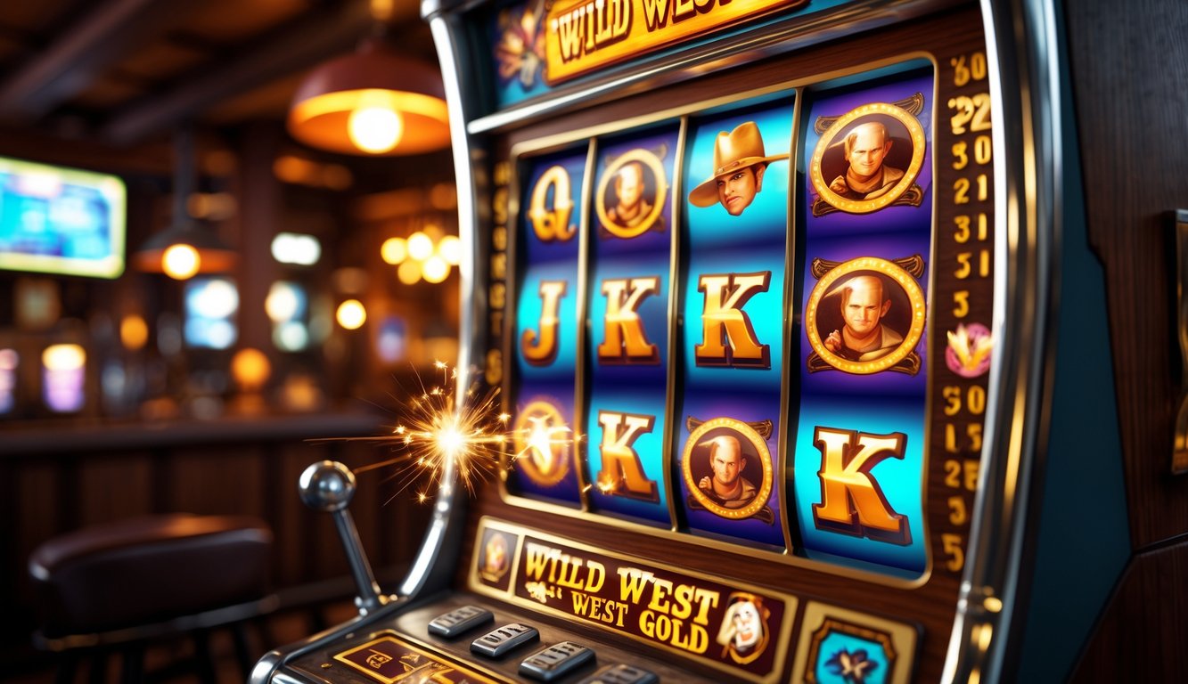 Mesin slot bergaya Wild West dengan simbol koboi dan emas di dalam saloon kayu tua.