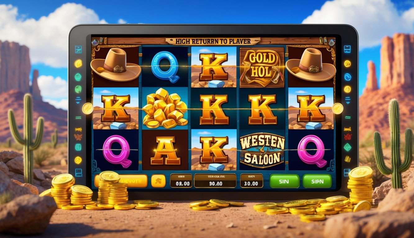 Layar mesin slot bertema Wild West dengan latar padang gurun dan simbol emas serta topi koboi.