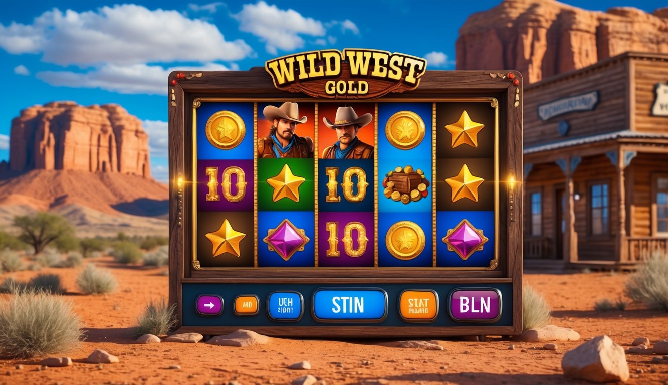 Pemandangan gurun ala Wild West dengan mesin slot digital menampilkan koin emas dan simbol koboi di latar depan.