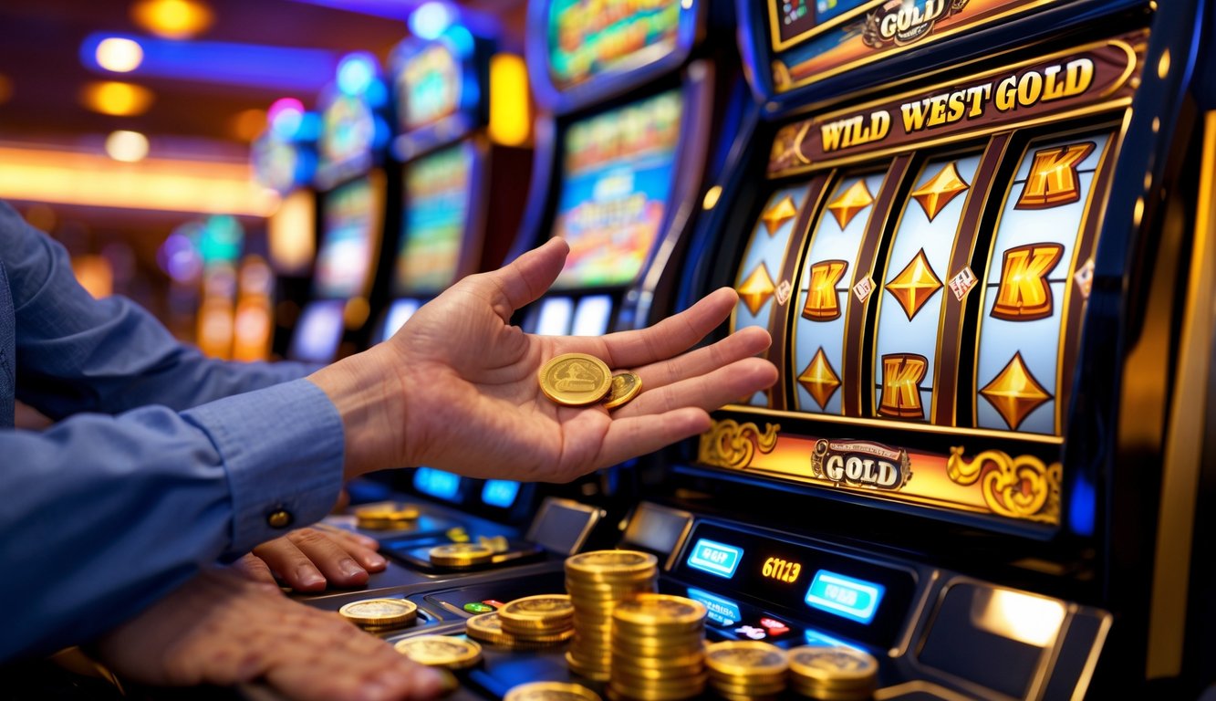 Tangan seseorang merayakan kemenangan di mesin slot dengan tema Wild West di dalam kasino.