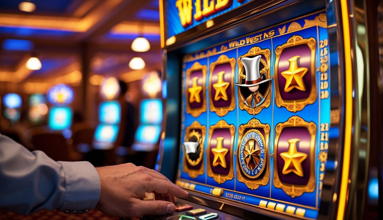 Mesin slot bertema Wild West dengan simbol koboi dan emas di dalam kasino yang hangat dan ramai.