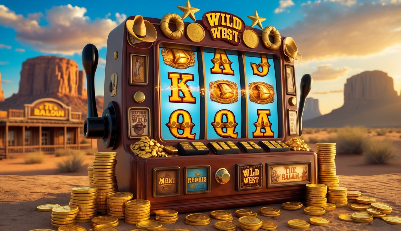 Mesin slot bertema Wild West dengan simbol emas dan latar belakang gurun serta bangunan kayu di bawah langit cerah saat matahari terbenam.