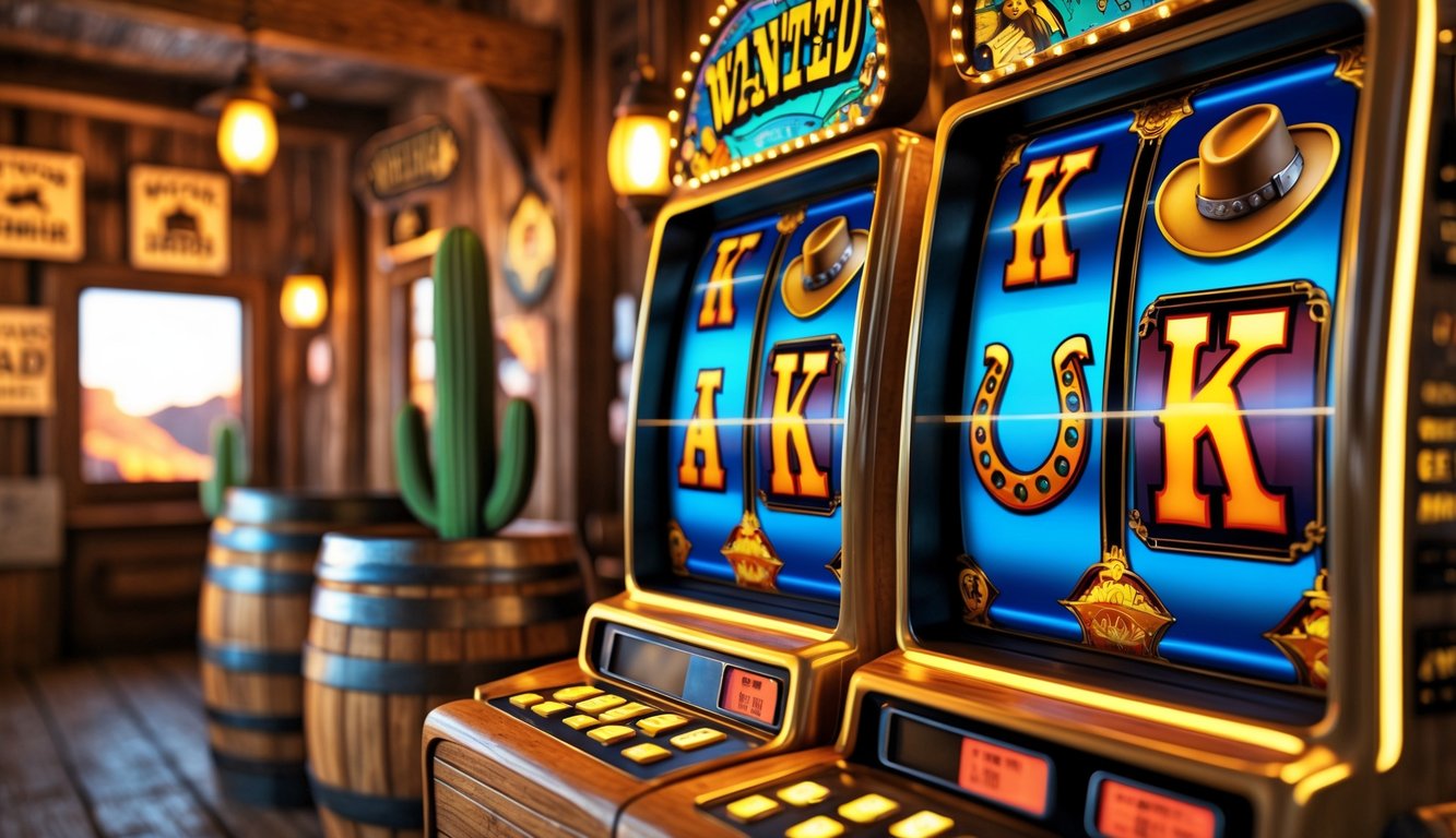 Mesin slot bertema Wild West dengan simbol koboi dan latar belakang saloon kayu yang hangat.