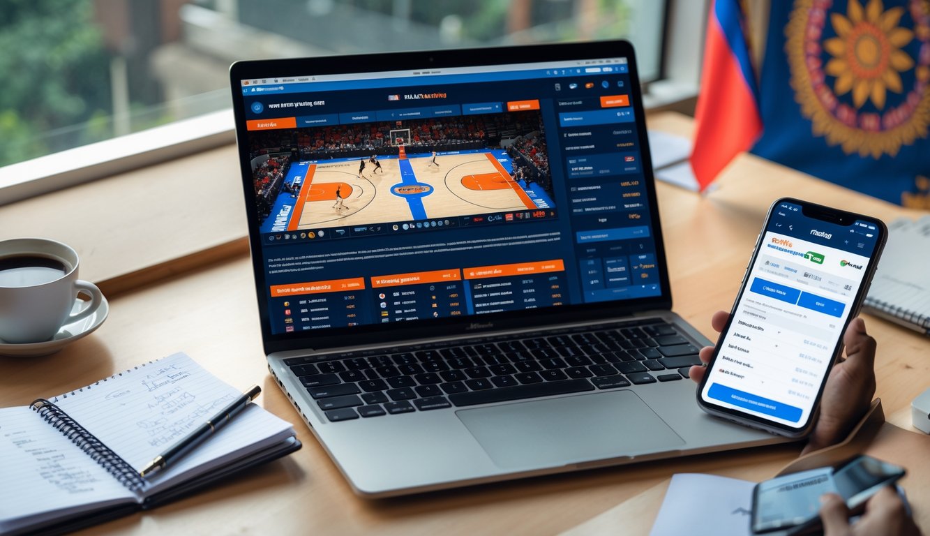 Seorang pengguna laptop di meja kerja dengan tampilan pertandingan bola basket dan aplikasi taruhan terbuka, dikelilingi catatan dan ponsel, dengan elemen budaya Indonesia di latar belakang.