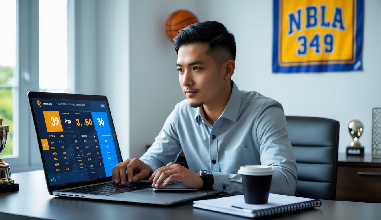 Seorang pria muda di Indonesia duduk di meja kerja dengan laptop yang menampilkan data taruhan NBA, dikelilingi alat tulis dan dekorasi bertema bola basket.