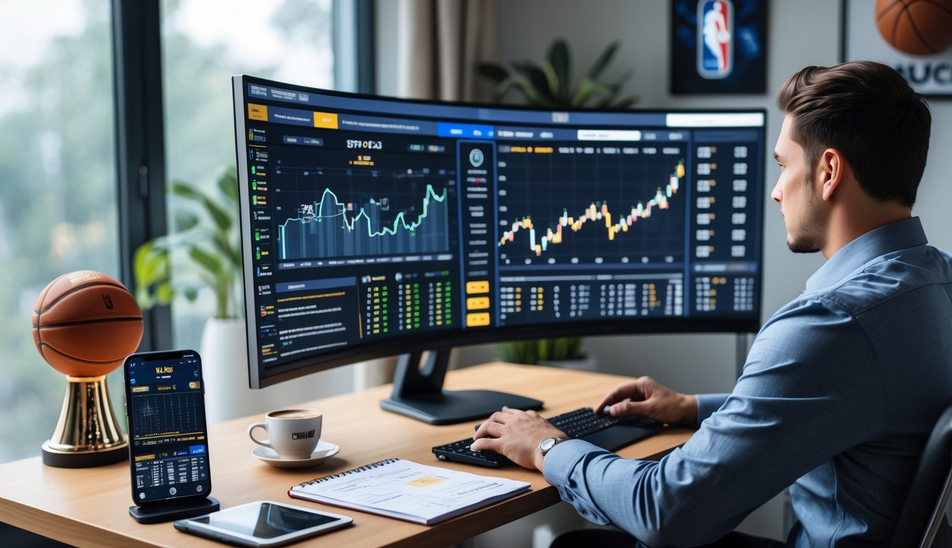 Seorang pria di meja kerja modern sedang menganalisis data taruhan NBA online dengan monitor komputer besar yang menampilkan statistik dan grafik bola basket.