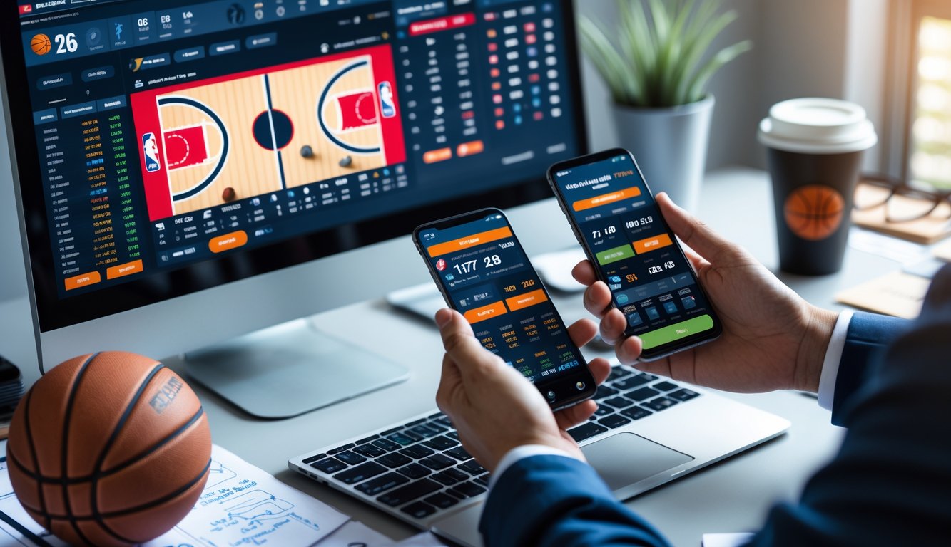 Seseorang menggunakan ponsel dan laptop di meja kerja dengan tampilan statistik dan taruhan NBA online.