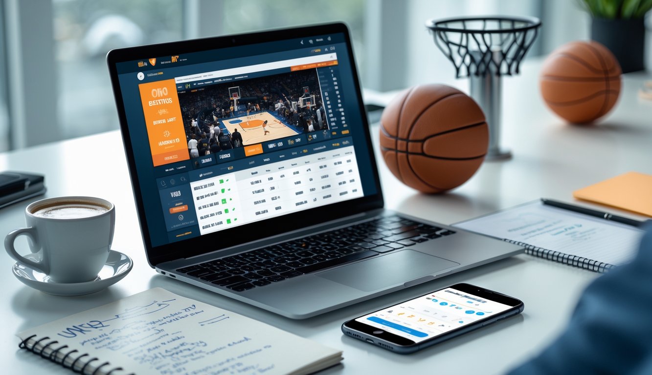 Seorang pria sedang menggunakan laptop dan smartphone di meja kerja dengan suasana bertema bola basket.