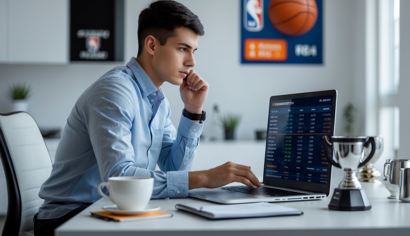 Seorang dewasa muda duduk di meja dengan laptop yang menampilkan data taruhan NBA, memperhatikan layar dengan serius di ruang kerja rumah yang rapi.