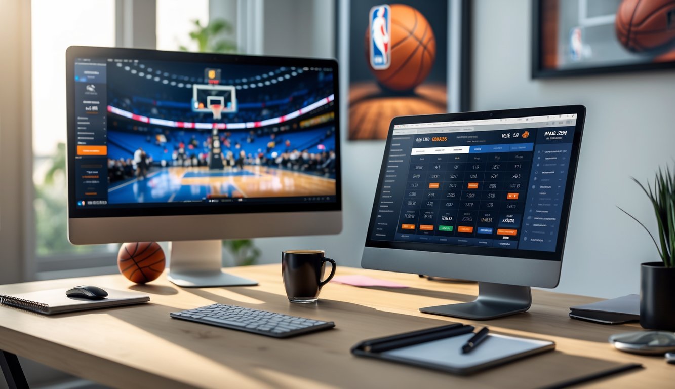 Sebuah ruang kerja modern dengan komputer dan ponsel yang menampilkan pertandingan NBA dan aplikasi taruhan online.