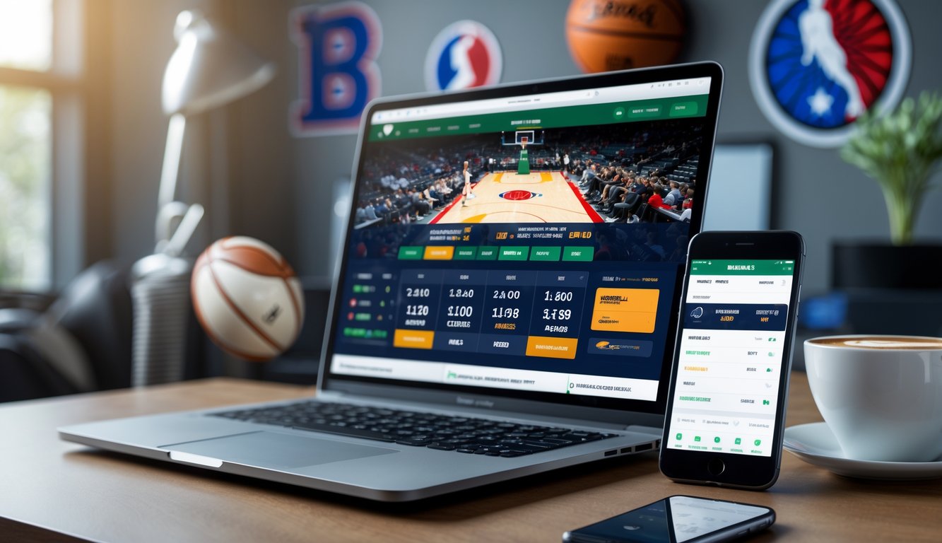 Meja kerja modern dengan laptop menampilkan pertandingan bola basket dan ponsel menunjukkan situs taruhan NBA online yang terpercaya.