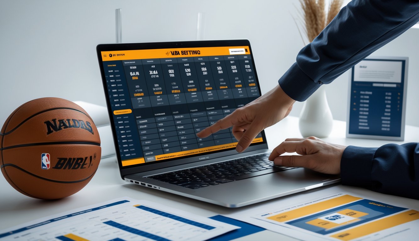 Seseorang sedang memilih peluang taruhan NBA terbaik di depan laptop dengan tema bola basket di sekitar meja kerja.