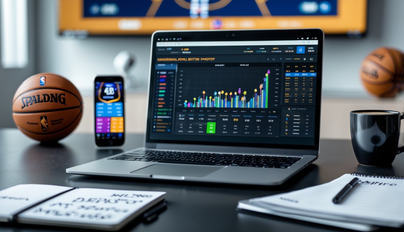 Seorang pria sedang bekerja dengan laptop yang menampilkan grafik dan statistik taruhan NBA, dengan ponsel yang menunjukkan pertandingan NBA langsung di atas meja kerja.