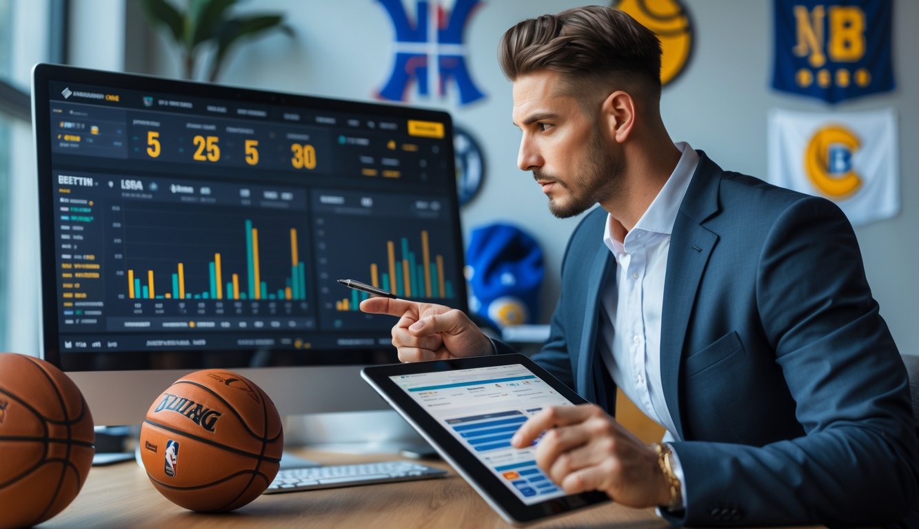 Seorang analis sedang melihat data statistik tim NBA di depan komputer dengan grafik dan tabel di meja kerja.