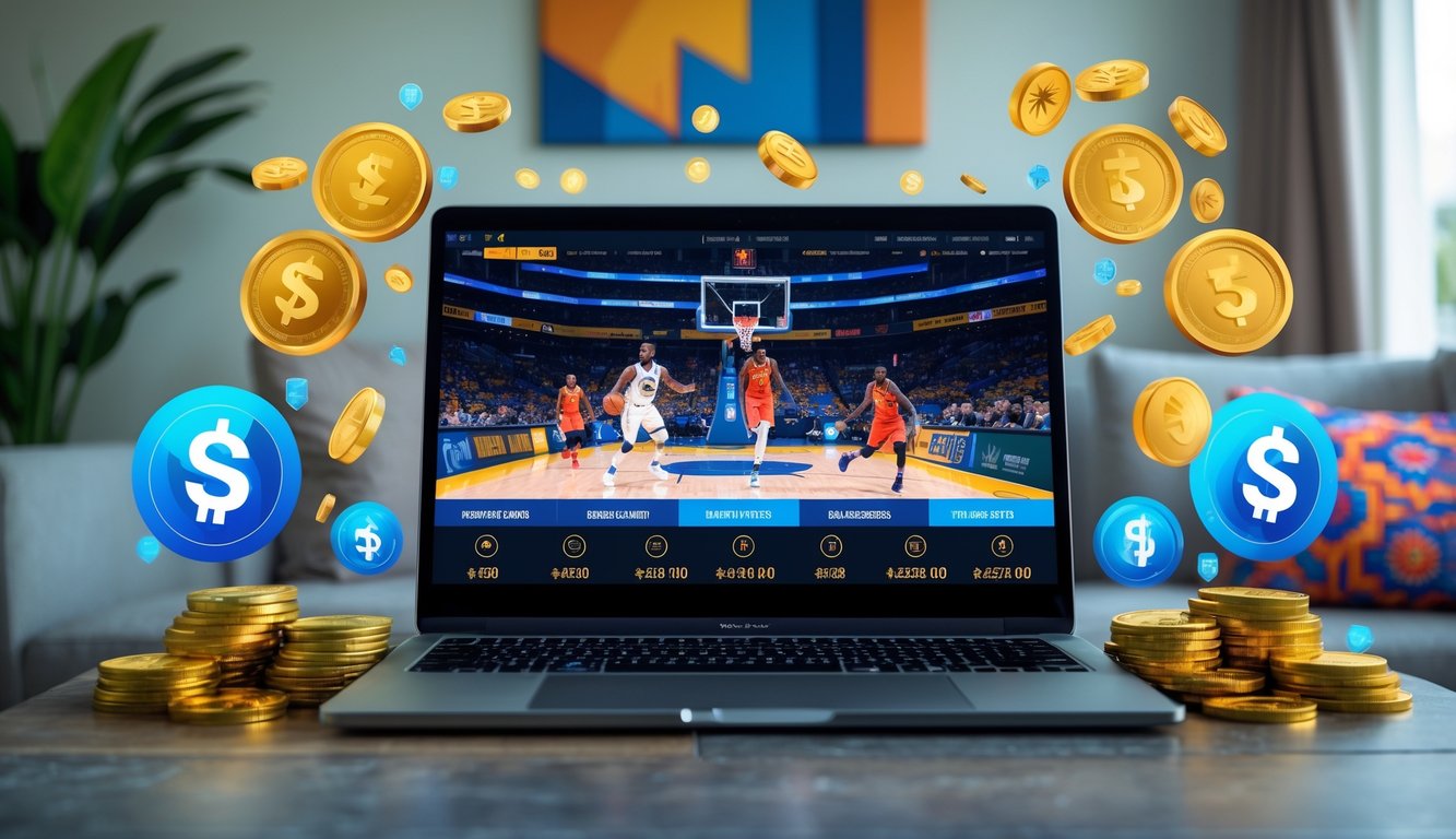 Seseorang menggunakan laptop atau ponsel untuk menonton pertandingan NBA sambil dikelilingi simbol bonus dan promosi taruhan online di suasana rumah yang nyaman dengan sentuhan budaya Indonesia.