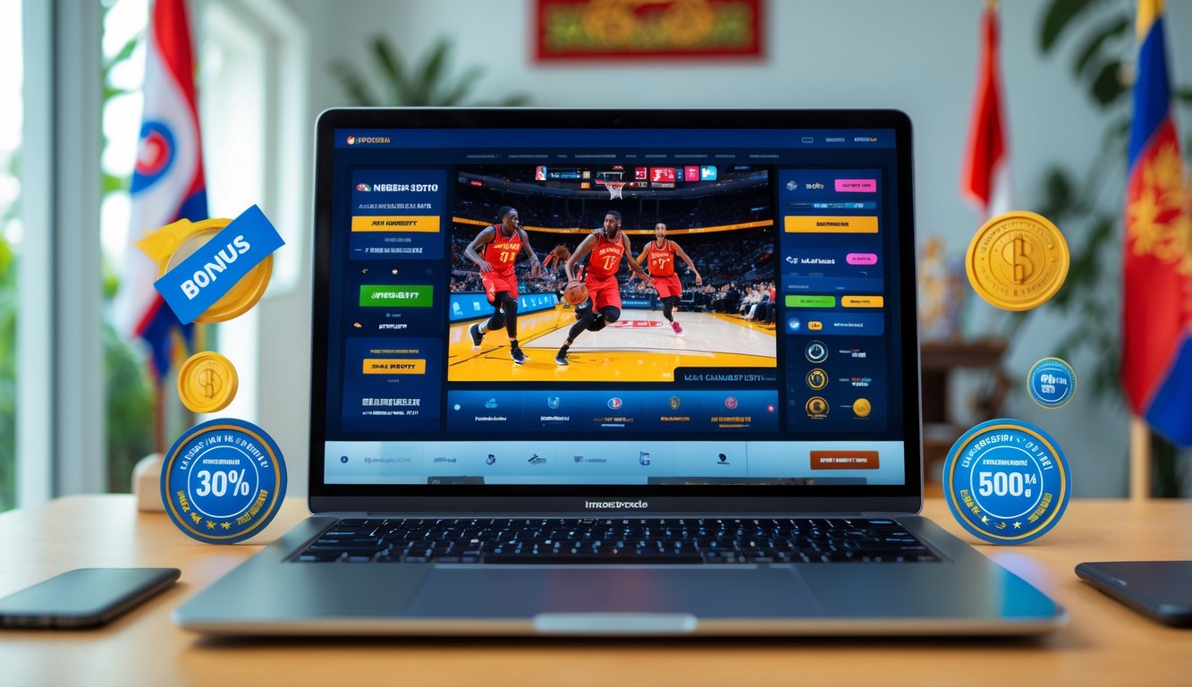 Seseorang menggunakan laptop yang menampilkan pertandingan NBA dan elemen promosi taruhan online di sebuah ruangan dengan dekorasi khas Indonesia.