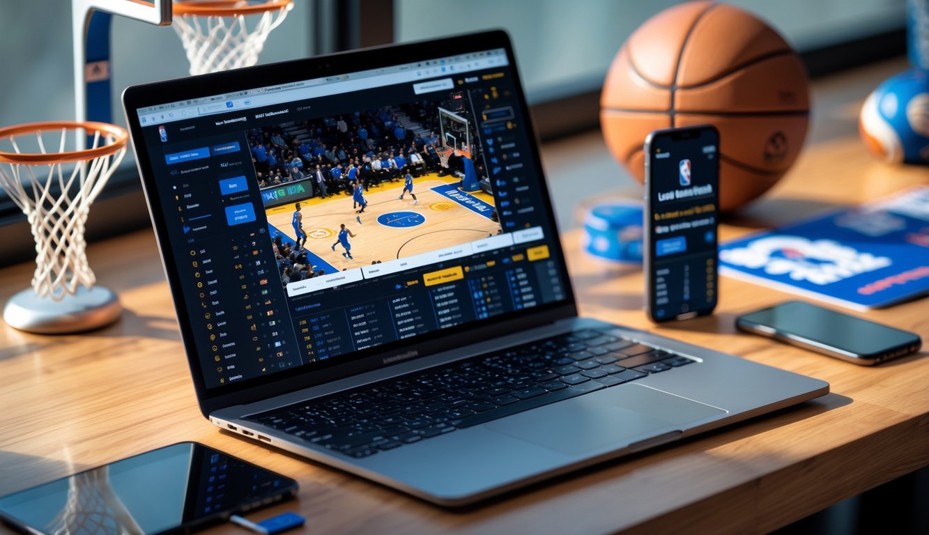 Meja kerja dengan laptop yang menampilkan pertandingan bola basket dan ponsel dengan aplikasi taruhan, di sekitar terdapat bola basket dan perlengkapan olahraga.