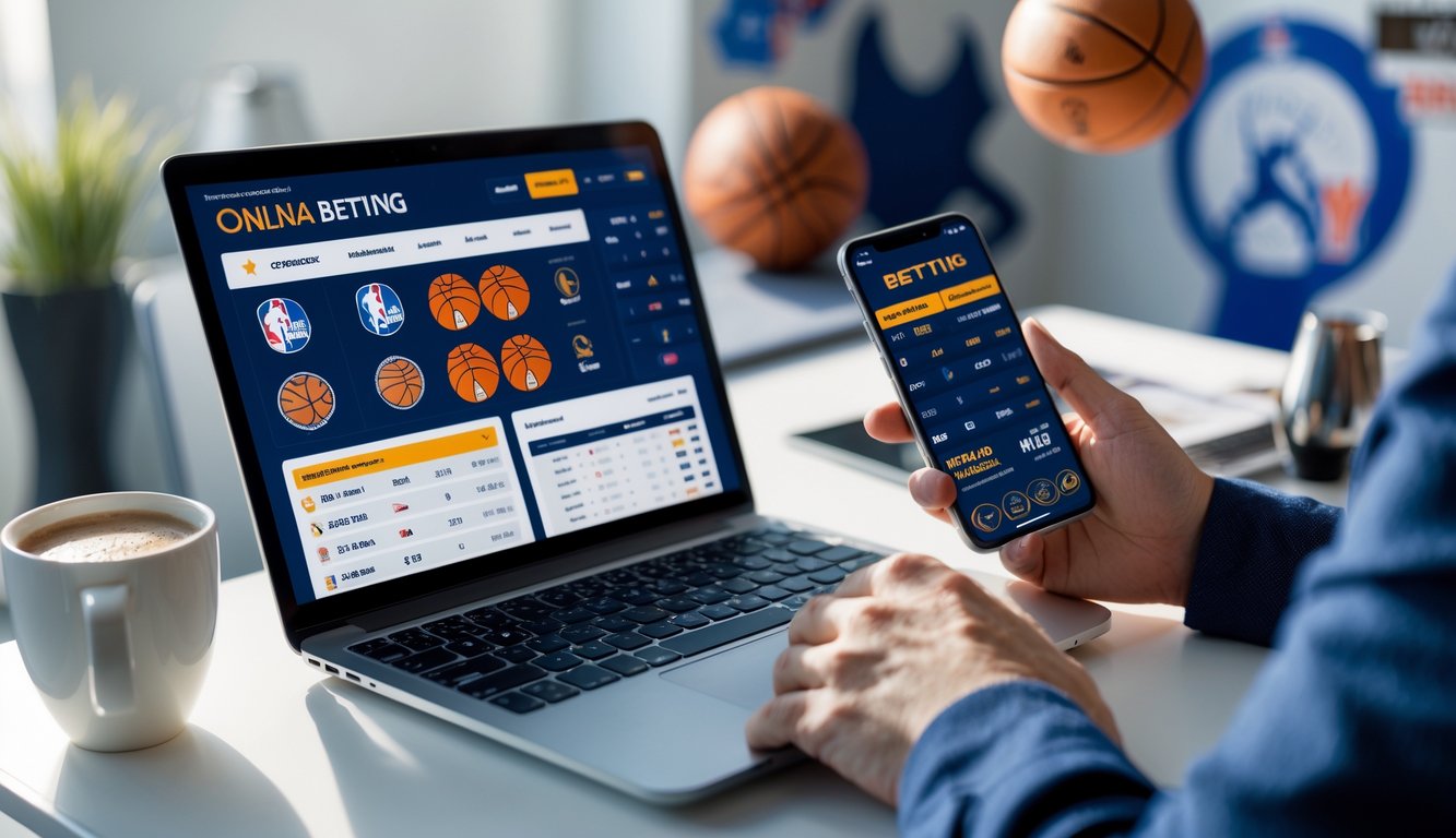 Meja kerja dengan laptop dan ponsel yang menampilkan situs taruhan NBA online, tangan seseorang sedang menggunakan perangkat tersebut, dengan bola basket dan dekorasi bertema olahraga di latar belakang.
