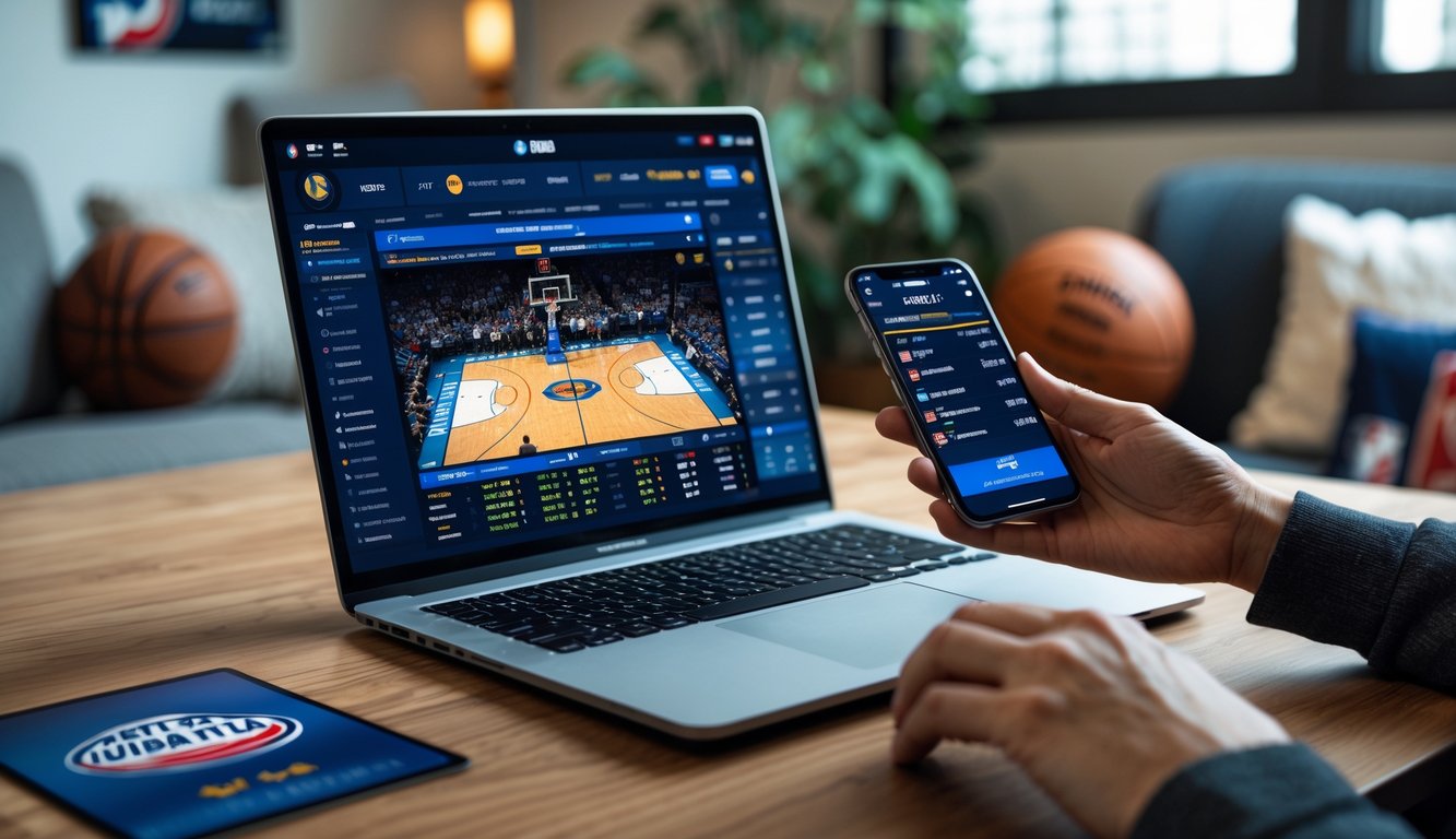 Seseorang menggunakan laptop dan ponsel untuk memasang taruhan langsung NBA di ruang kerja yang nyaman dengan dekorasi bertema bola basket.