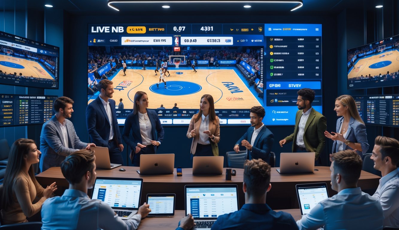 Sekelompok orang muda sedang melihat layar besar yang menampilkan statistik dan skor pertandingan NBA secara langsung, sambil menggunakan perangkat elektronik untuk memasang taruhan secara online.