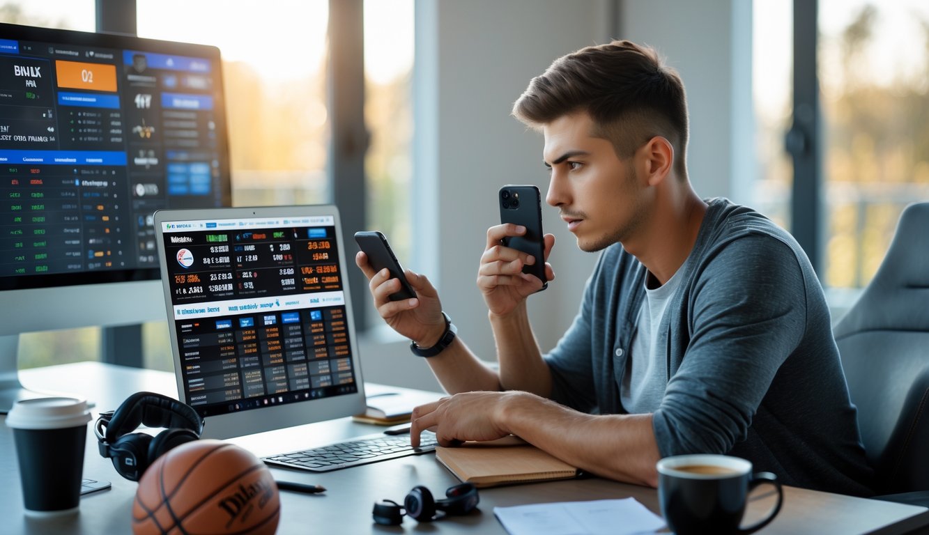 Seorang pria muda duduk di meja dengan beberapa perangkat digital yang menampilkan pertandingan NBA dan peluang taruhan, tampak fokus menganalisis data di ruang kerja modern.