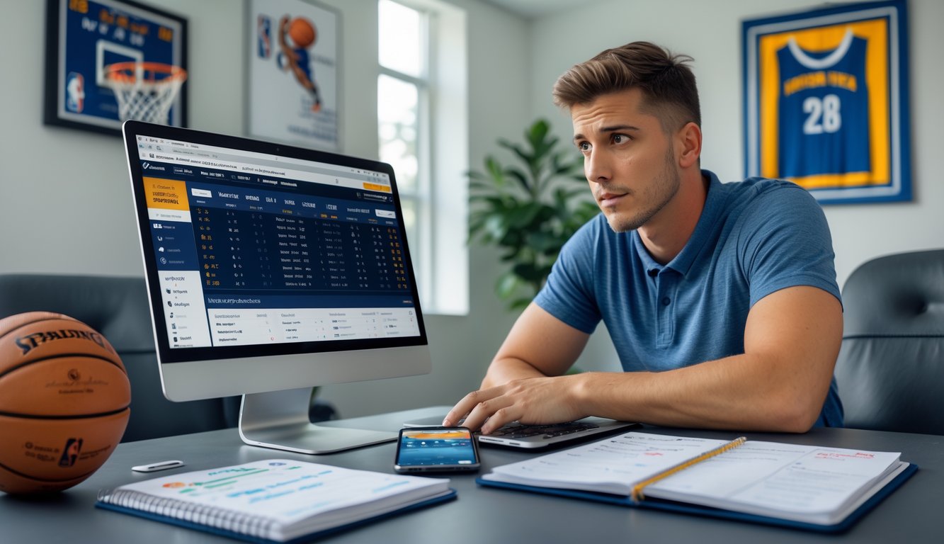 Seorang pria muda duduk di meja dengan laptop dan smartphone, fokus melihat data taruhan bola basket NBA, dengan bola basket dan catatan di sekitarnya.