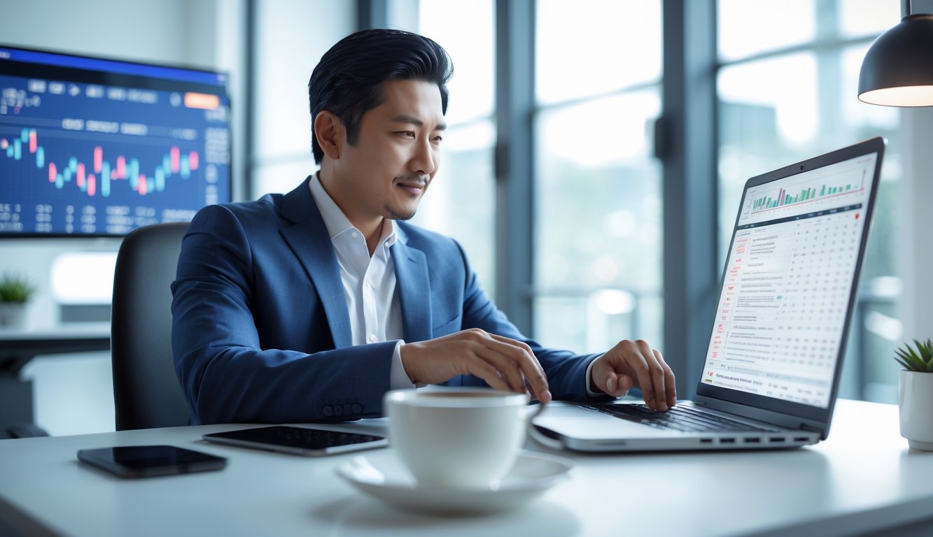 Seorang pria dewasa duduk di meja kantor modern sambil melihat layar laptop dengan data dan grafik terkait togel online.