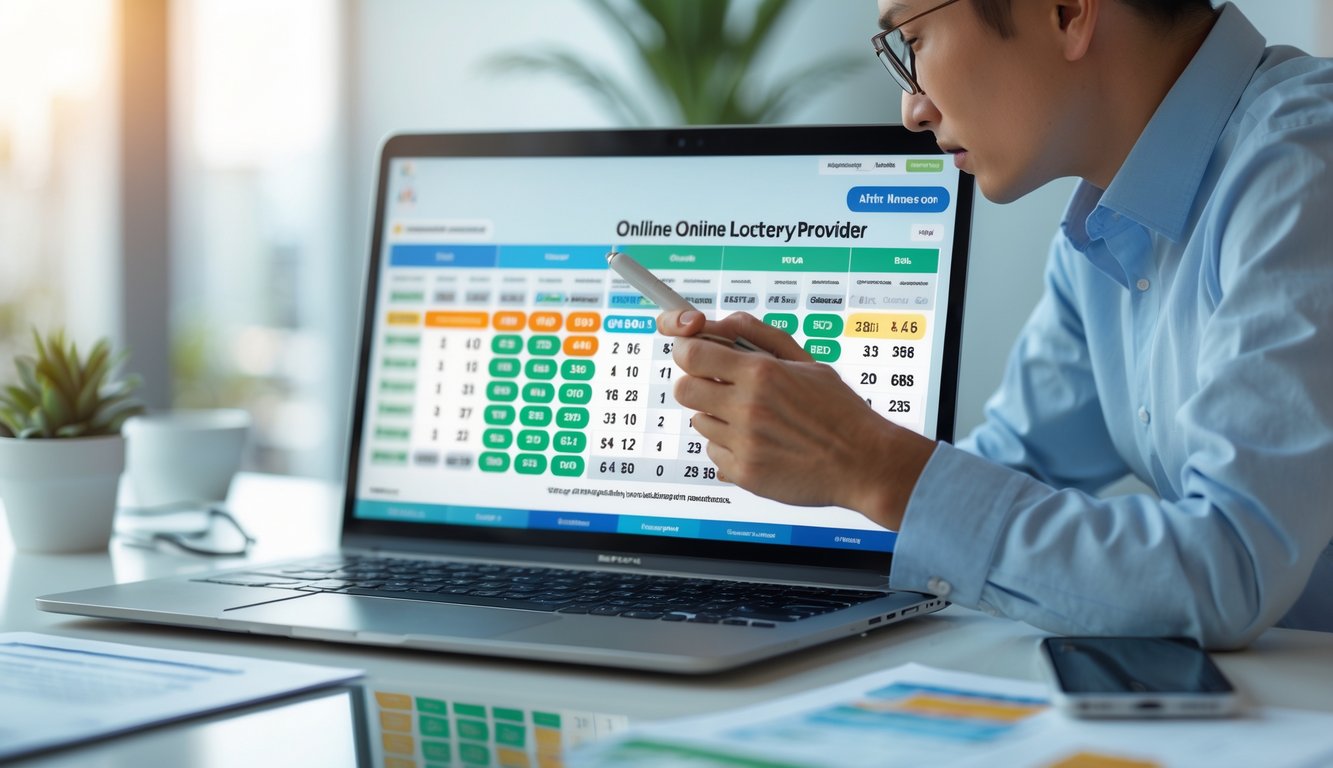 Seorang pria di meja kerja modern sedang menganalisis data lotere online dengan laptop dan dokumen di sekitarnya.
